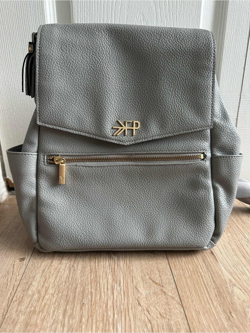 Freshly Picked Diaper Bag Light Gray Pebbled Leather Backpack w/ Gold Hardware